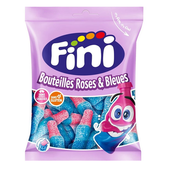 Fini Halal Botellas Rosa Azul Pica 90 g – Saure Fruchtgummi-Flaschen